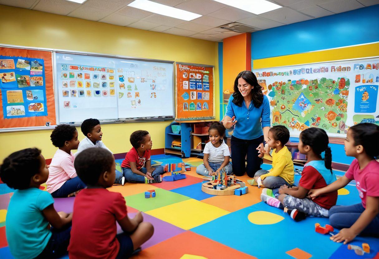 A vibrant and engaging classroom scene where children of diverse backgrounds are happily participating in interactive play-based learning activities. Colorful educational toys, playful learning tools, and murals of playful characters decorate the room, embodying joy and creativity. Include a teacher guiding the activities with a warm smile, while children collaborate and express themselves freely. The atmosphere should radiate energy and curiosity, showcasing the essence of learning through play. super-realistic. vibrant colors. 3D.