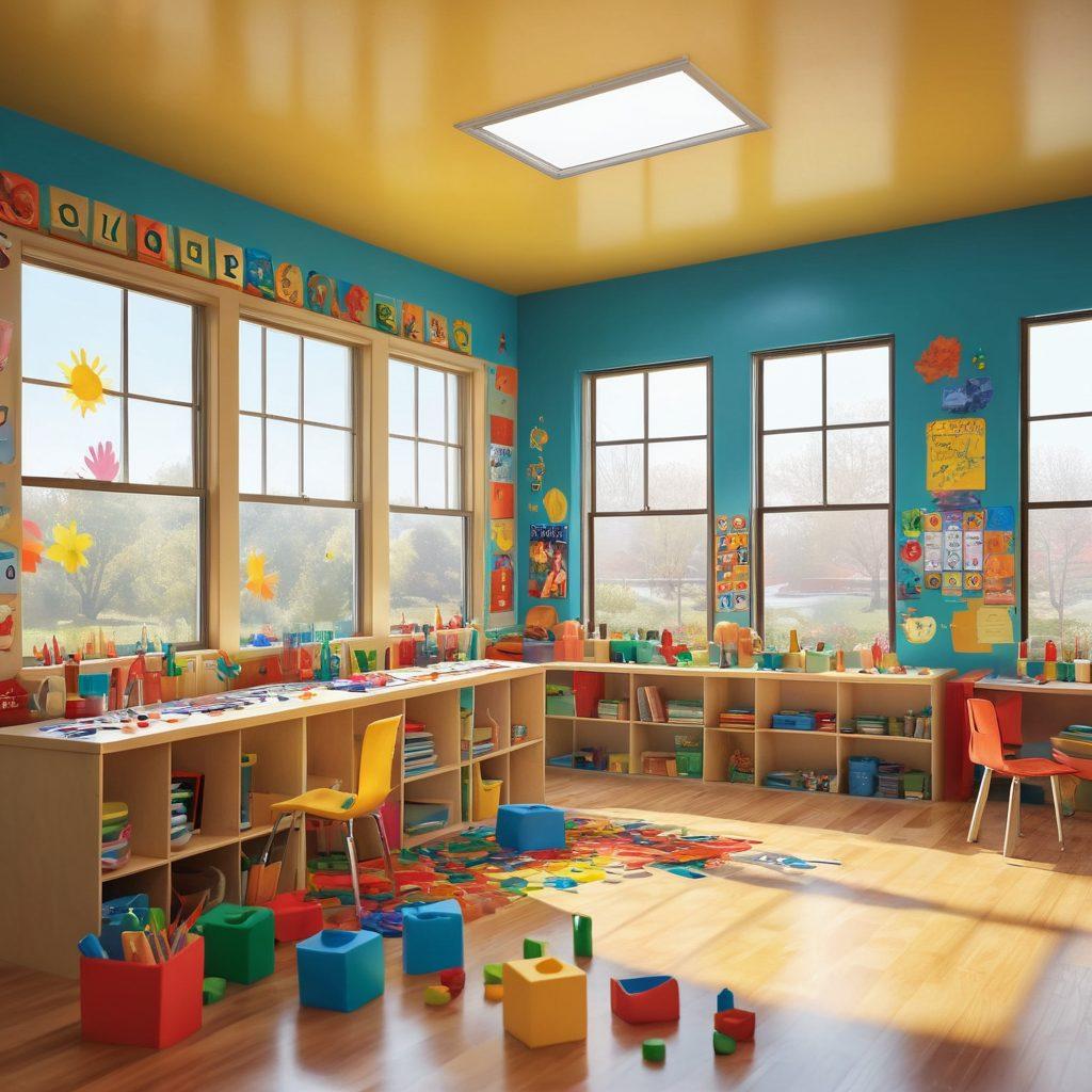 A lively classroom filled with diverse children engaged in creative activities, like painting, building with blocks, and doing science experiments. Brightly colored art supplies scattered around, with inspirational posters on the walls featuring words like 'Joy' and 'Explore'. A warm sunlight floods through big windows, creating an inviting atmosphere of fun and discovery. super-realistic. vibrant colors. 3D.