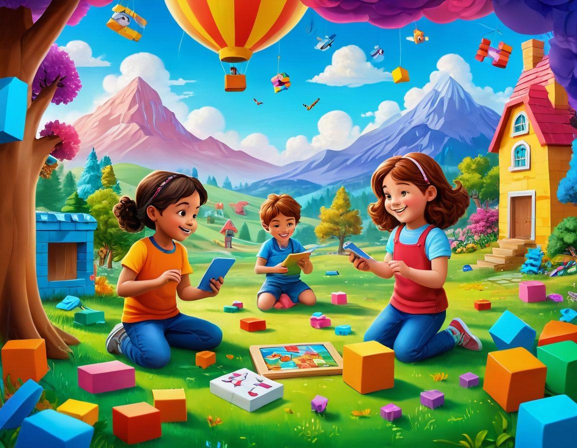 A vibrant and colorful scene depicting children of various ages joyfully engaged in interactive learning games, surrounded by a whimsical landscape that sparks imagination. Include elements like building blocks, puzzles, and digital tablets to represent diverse learning methods, with animated characters cheering them on in the background. The atmosphere should radiate joy and creativity, illustrating the concept of unlocking potential through play. super-realistic. vibrant colors. whimsical background.